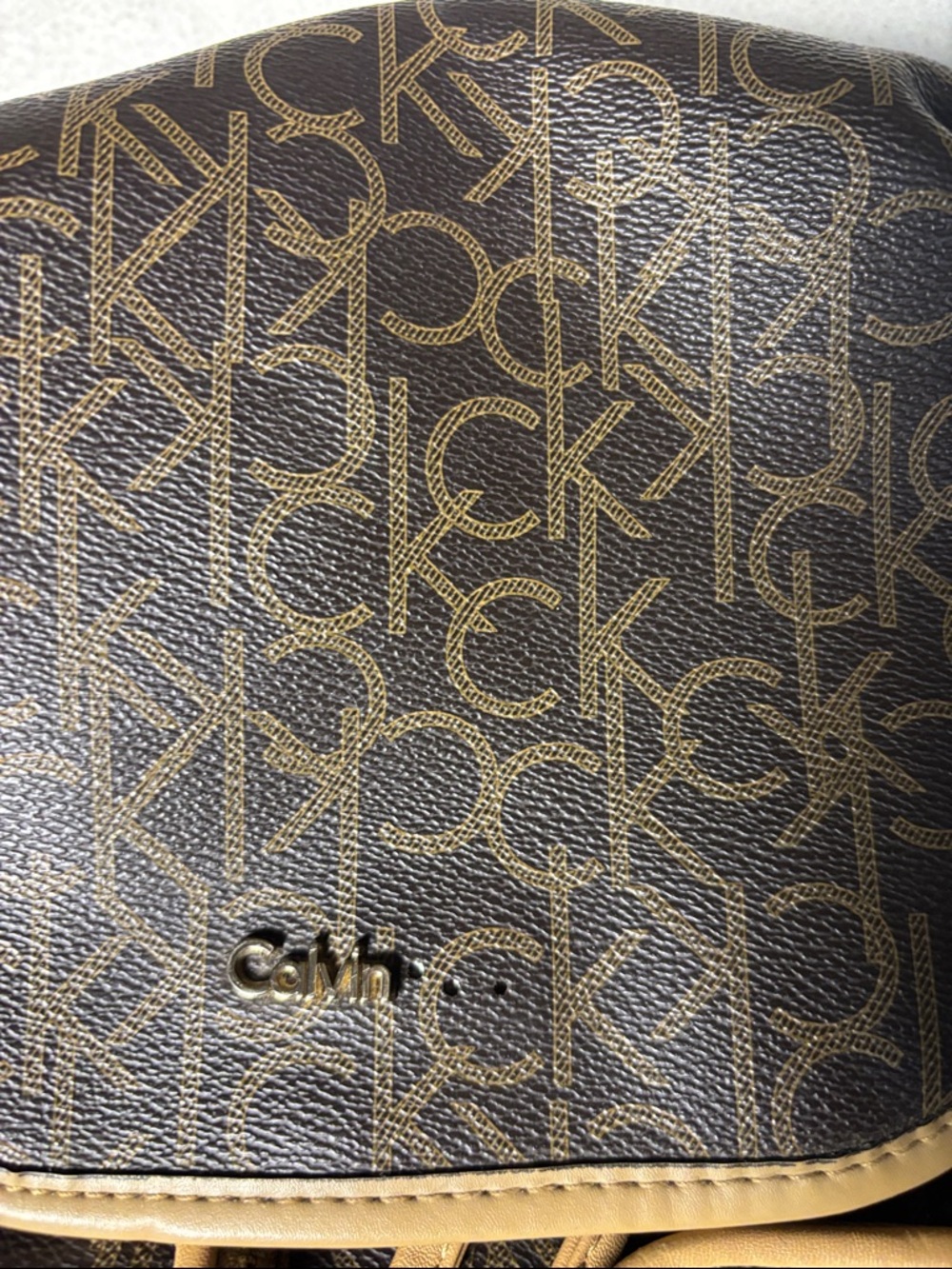 Calvin Klein Brown Monogram Backpack with Tan Trim missing Klein logo - Picture 3 of 12